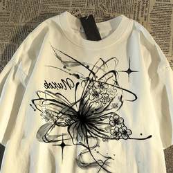 American Retro Butterfly Graffiti Pure Cotton Short-Sleeve T-Shirt for Middle and Older Children, New Summer Style for Boys and Girls, Trendy Children's Top