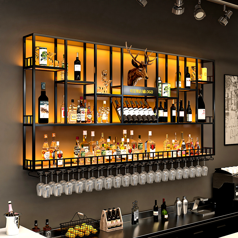 Bar liquor cabinet against the wall hanging shelf industrial style bar wrought iron display stand creative restaurant wine rack