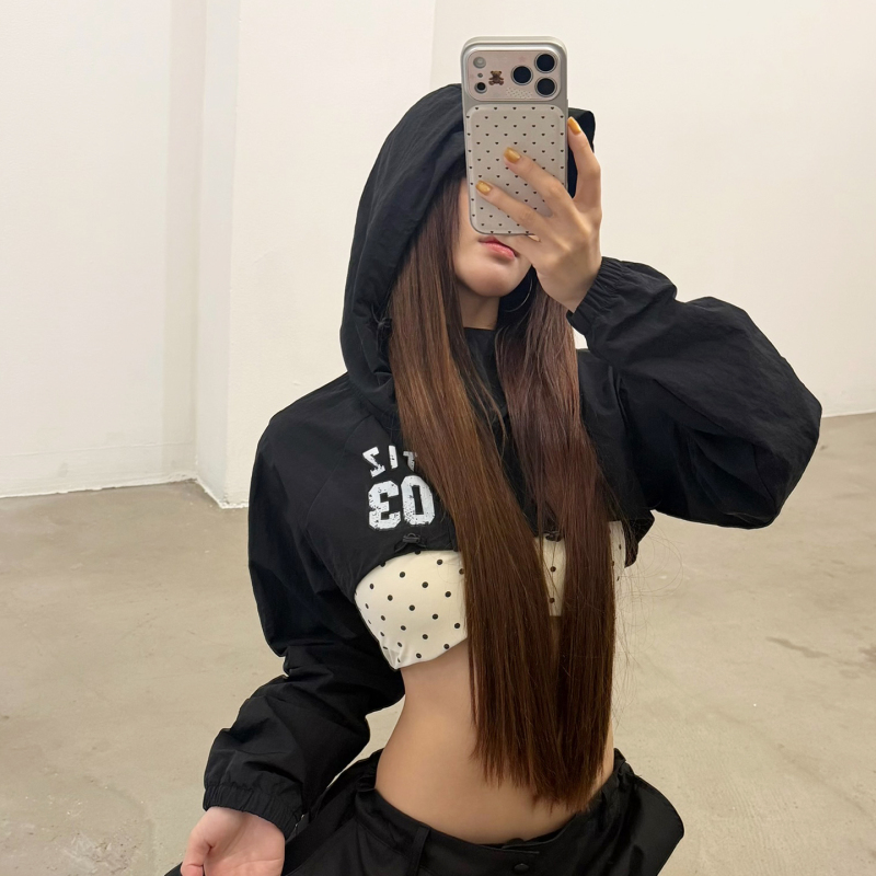 Tiz Functional Style Small Logo Print Ultra-Short Waist-Revealing Sports Quick-Drying Hooded Jacket