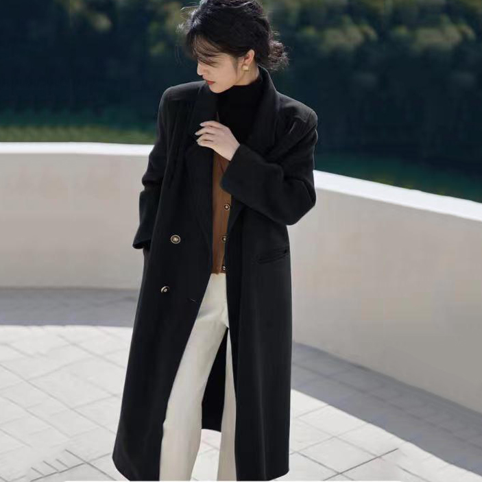 Hepburn style black woolen coat women's 2021 autumn and winter new mid-length version small woolen coat thickened