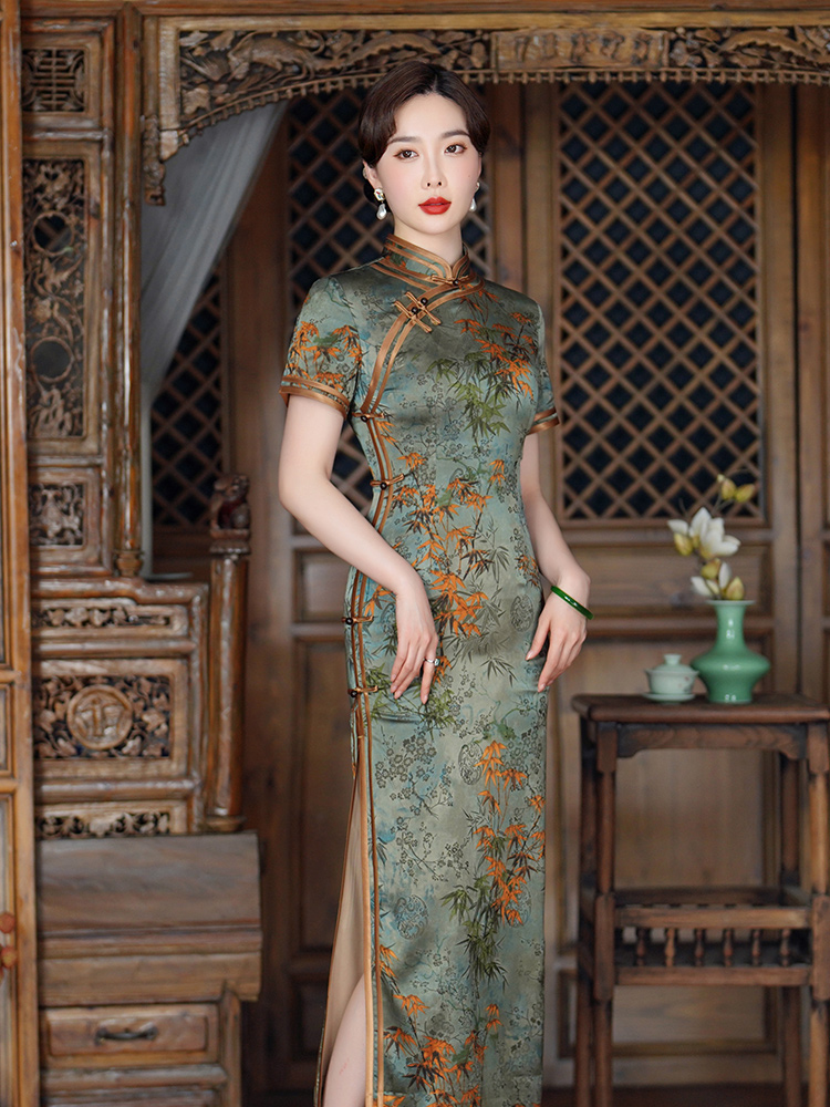 Summer long cheongsam, retro elegant plus size dress, with short sleeve