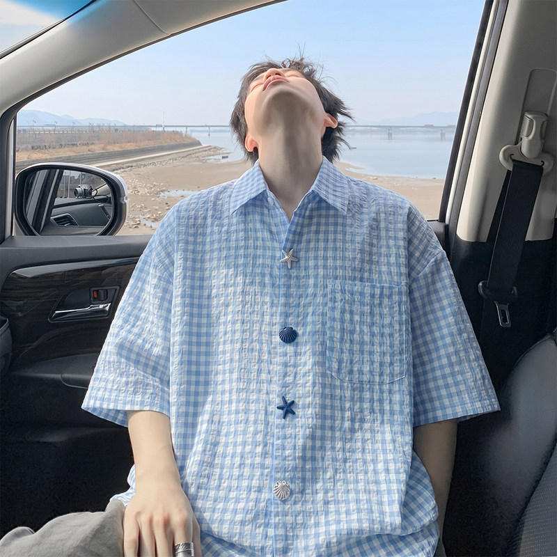 Wassup American-Style Short-Sleeved Shirt for Men, Summer Dopamine Plaid T-Shirt, Fun Button-Down Shirt, Casual Jacket