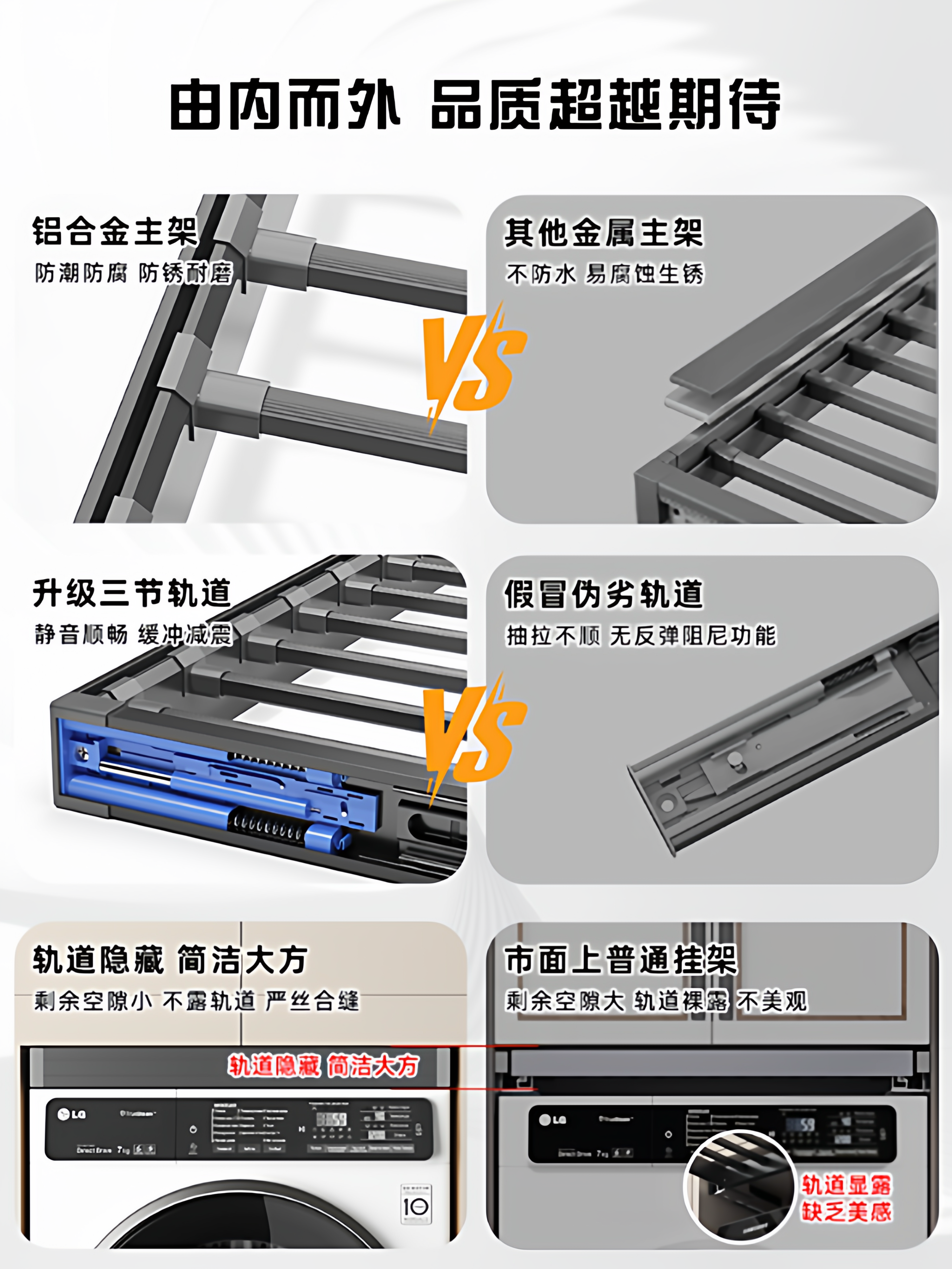 Washing Machine Pull-Out Clothes Rack with Damping Rebound Telescopic Slide Rail, Hidden Invisible Clothes Drying Rack Above Balcony Pants Rack