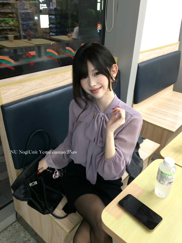 Nogiunit/Gentle Smoke Purple Daily Chic! Ultra Gentle Bowknot V-Neck Tie-Up Sheer Top Shirt