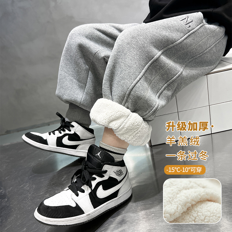 Boy gush pants lamb suede sports sweatpants 2023 new large children Winter one over winter cotton pants outside wearing-Taobao