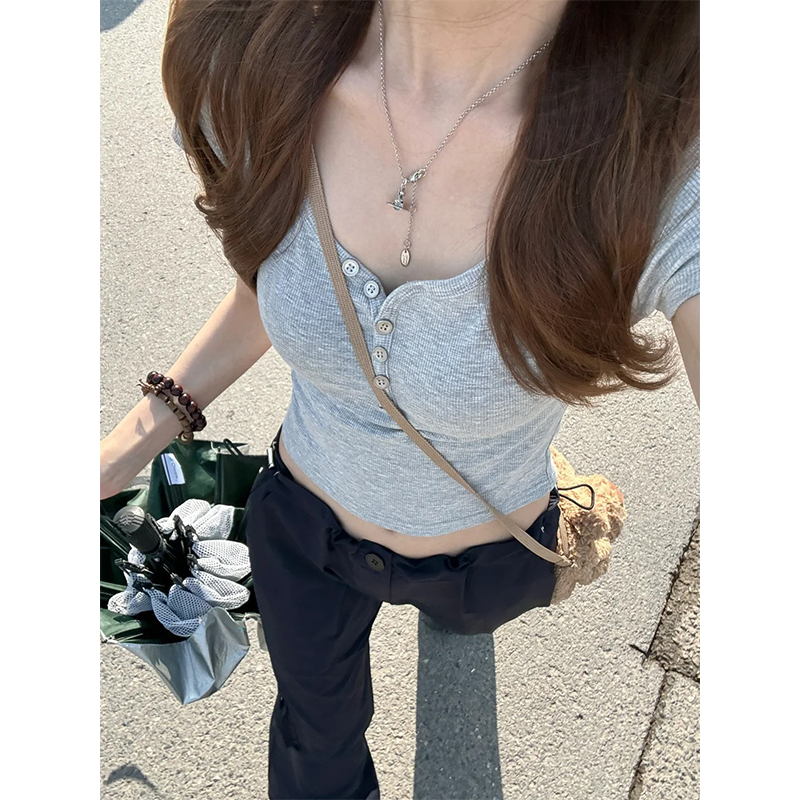 American-Style Spicy Girl Gray Regular Shoulder V-Neck Short-Sleeve T-Shirt for Women, Summer 2025 New Slim-Fit Cropped Top That Shows the Navel