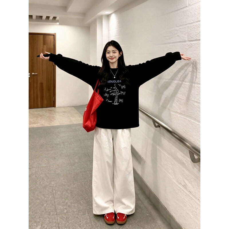 Black Pure Cotton Loose Long-Sleeve T-Shirt for Women, Round Neck, Autumn 2026 New Floral Design Printed Base Layer Top Black Pure Cotton Loose Long-Sleeve T-Shirt for Women, Round Neck, Autumn 2026 New Floral Design Printed Base Layer Top