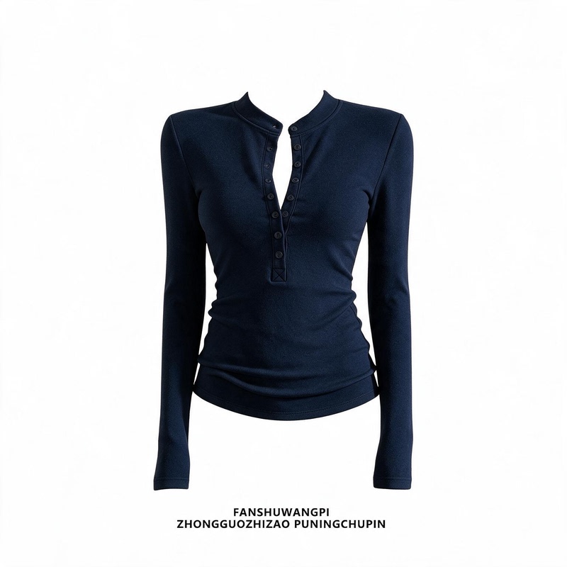 Navy Blue Henry Collar Slim-Fit Long-Sleeve T-Shirt for Women, 2026 Autumn Single-Breasted Base Shirt Top