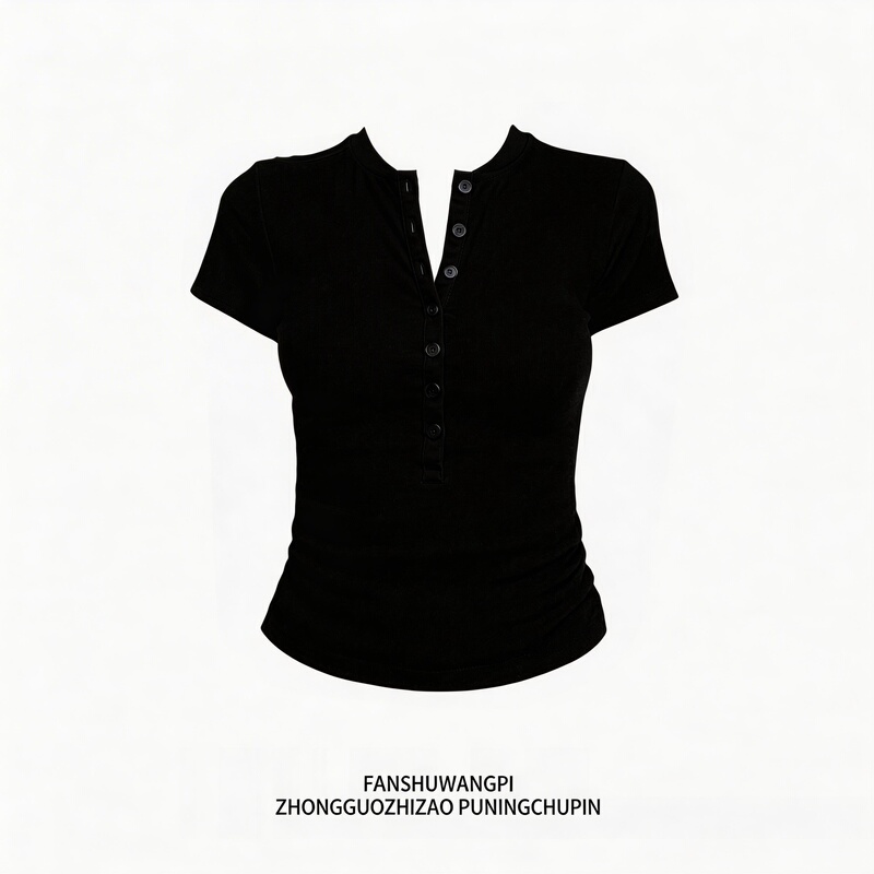 American-Style Henry Collar Slim-Fit Short-Sleeve T-Shirt for Women 2026 Summer Hot Girl V-Neck Short Waist-Cinching Regular Shoulder Top American-Style Henry Collar Slim-Fit Short-Sleeve T-Shirt for Women 2026 Summer Hot Girl V-Neck Short Waist-Cinching Regular Shoulder Top