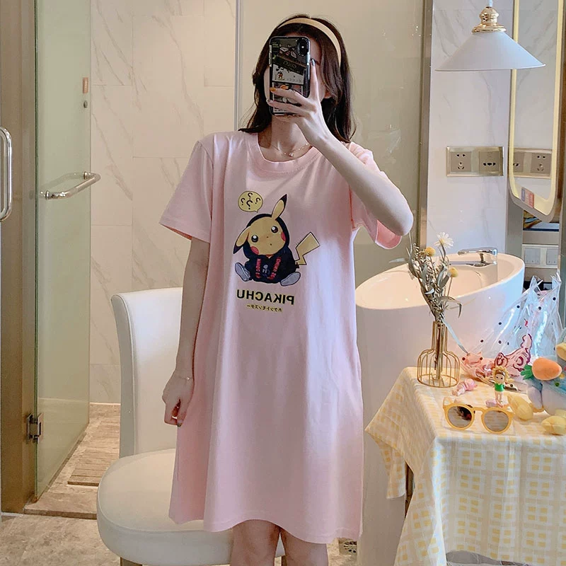 Váy ngủ nữ cotton tinh khiết mùa hè ngắn tay đồ ngủ mỏng phương tây sinh viên váy hoạt hình cô gái có thể mặc váy ở nhà - Đêm đầm