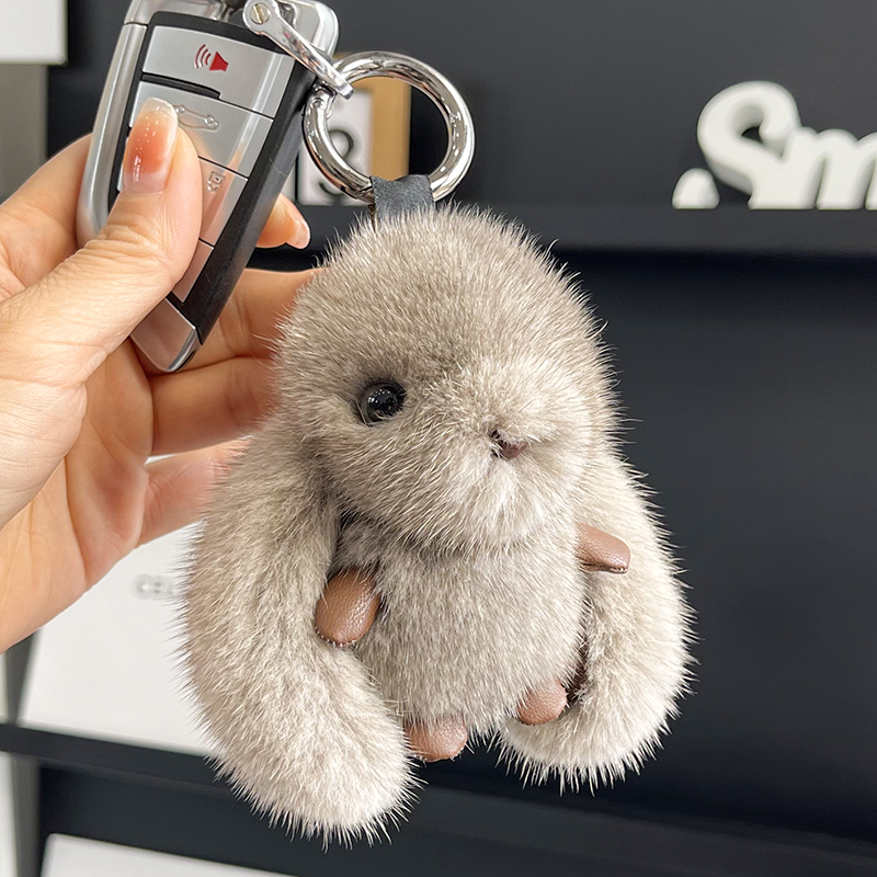 Cute Mink Fur Bunny Car Keychain Pendant High-End Plush Doll Backpack Decoration Birthday Gift