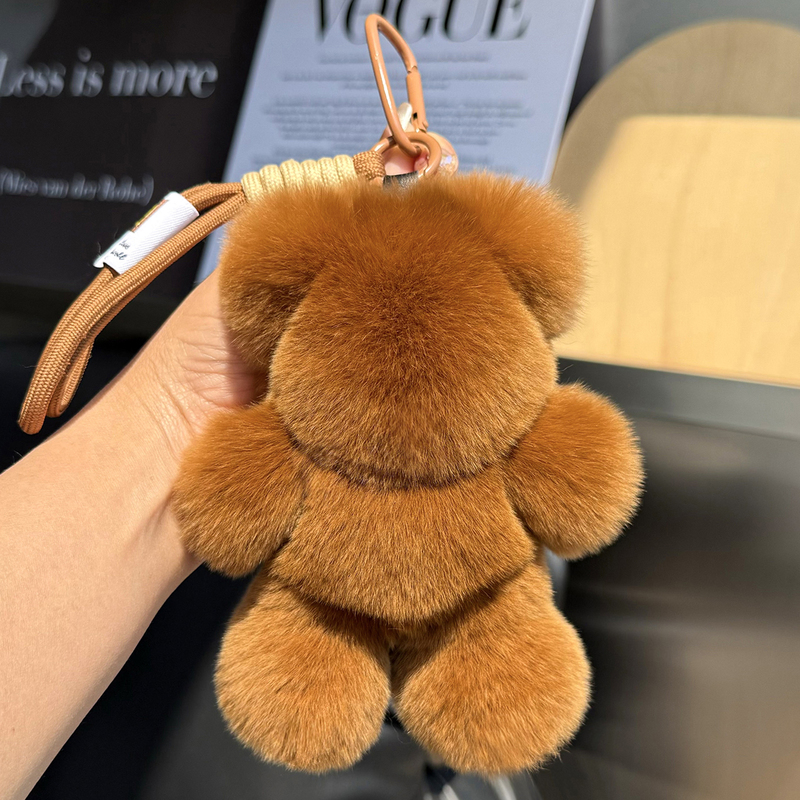 Real Rex Rabbit Fur Bear Car Keychain Pendant Cute Little Brown Bear Plush Doll Toy Backpack Decoration Gift
