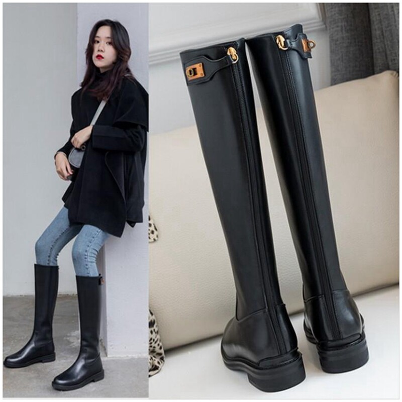 However, knee boots women's 2022 autumn and winter new leather high tube thin riding boots plus velvet small boots