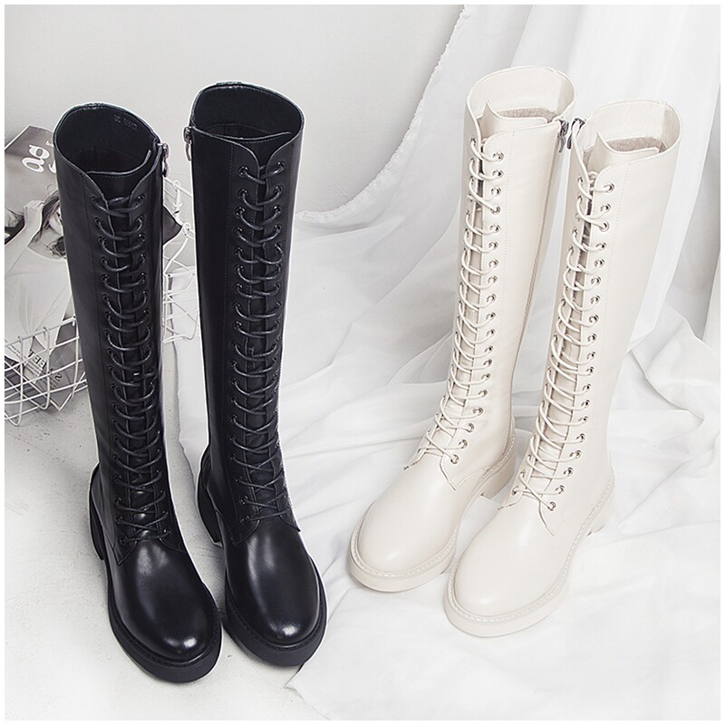 But knee boots women's 2022 autumn and winter new long boots plus velvet lace high tube all-match thin riding boots