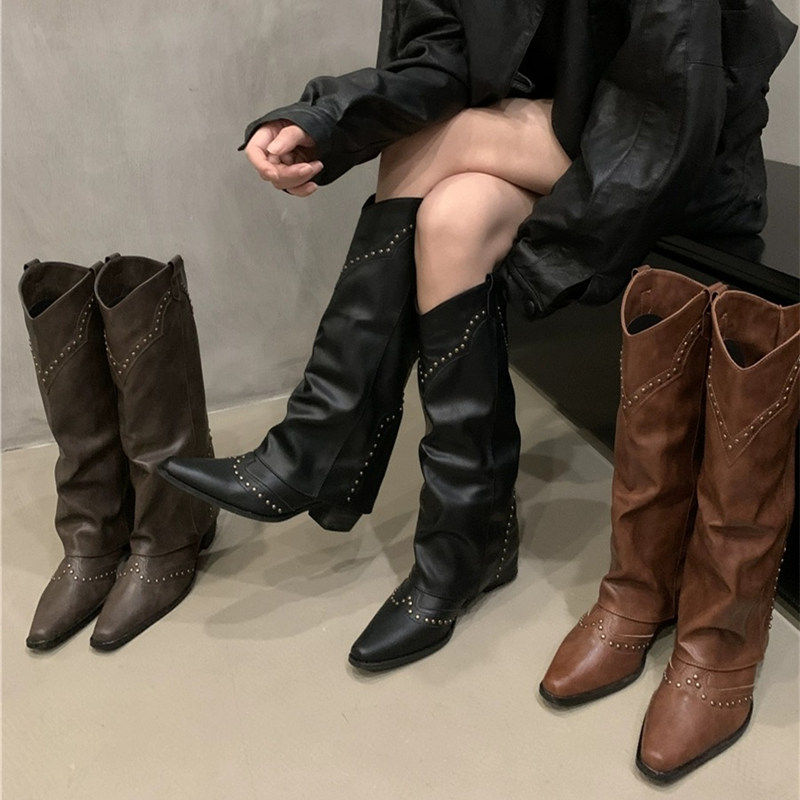 Западные Boots 铆钉西部牛仔靴2023秋新款不过膝炸街尖头显瘦裤管靴复古长筒靴女