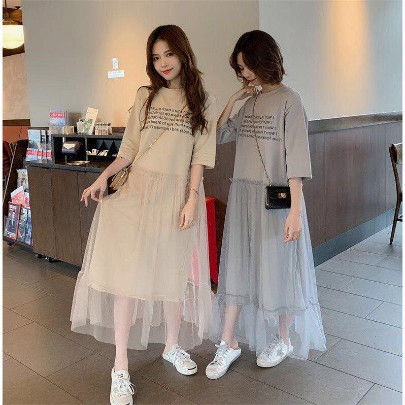 Maternity wear 2020 new spring and summer sweet round neck printed mesh stitching mid-length female dress fake two pieces