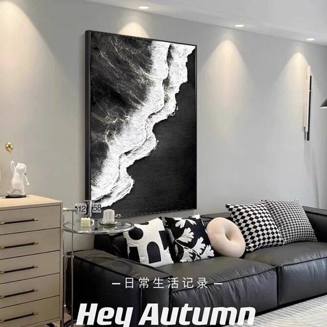 Black and White High-End Hand-Painted Oil Painting for Living Room Sofa Background Wall Decoration, Minimalist Wave Texture Thick Texture Wall Art