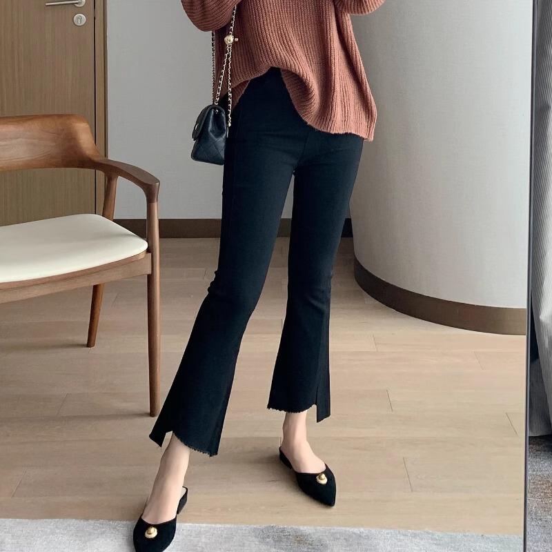 Korean Style Casual Flared Pants for Women, High-Waisted, New Denim, Slimming, Petite, Cropped with Slit, Slightly Flared Black Pants