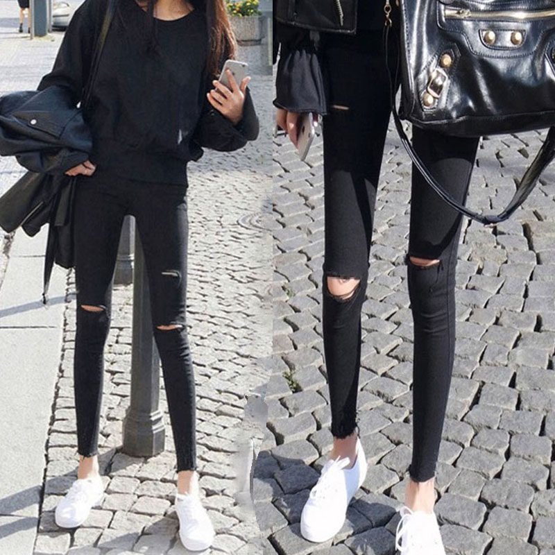220 catties can be worn fat mm ripped inner pants female outer wear large size Korean version slim fit and thin all-match pencil pants