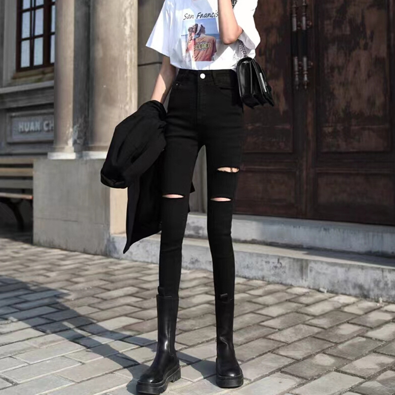 Black Ripped Jeans for Women, Stretchy, New Summer Style, High-Waisted, Slimming, Thin, Tight-Fitting, Magic Pencil Pants, Trendy