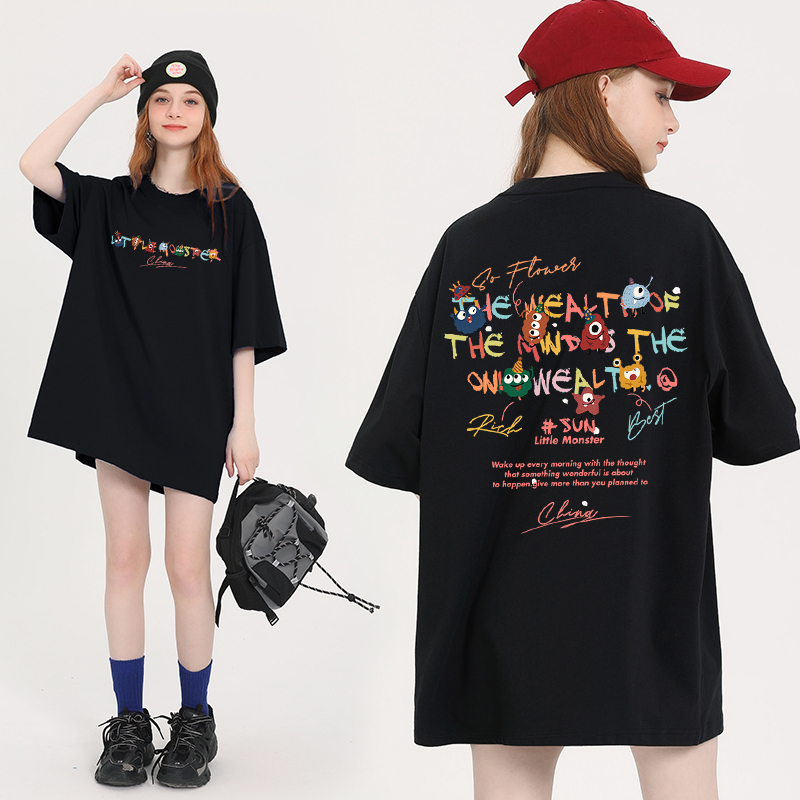 Little Monster T-Shirt for Women, Summer Short-Sleeve Top, 2026 New Style, Petite Loose Fit, Pure Cotton Half-Sleeve Base Shirt