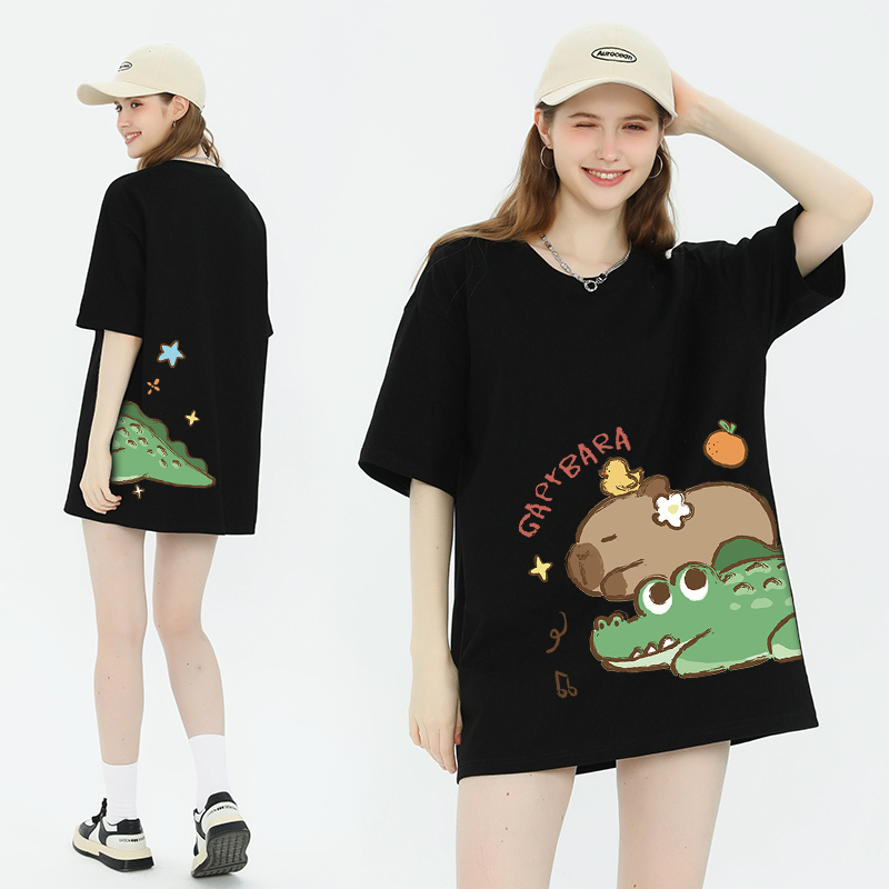 Little Crocodile T-Shirt for Women, Short-Sleeved, Black Capybara, 2026 New Popular Style, Pure Cotton, Round Neck, Half-Sleeve, Summer Top Little Crocodile T-Shirt for Women, Short-Sleeved, Black Capybara, 2026 New Popular Style, Pure Cotton, Round Neck, Half-Sleeve, Summer Top