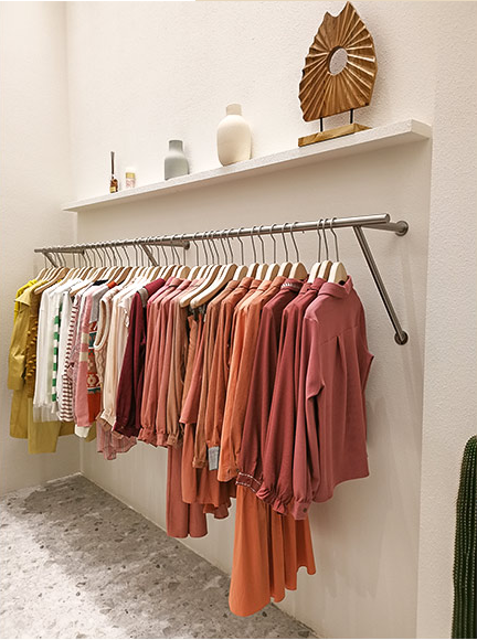 Clothing store display floor stainless steel silver wall red store hanging rod women's loading shelver drawn silver