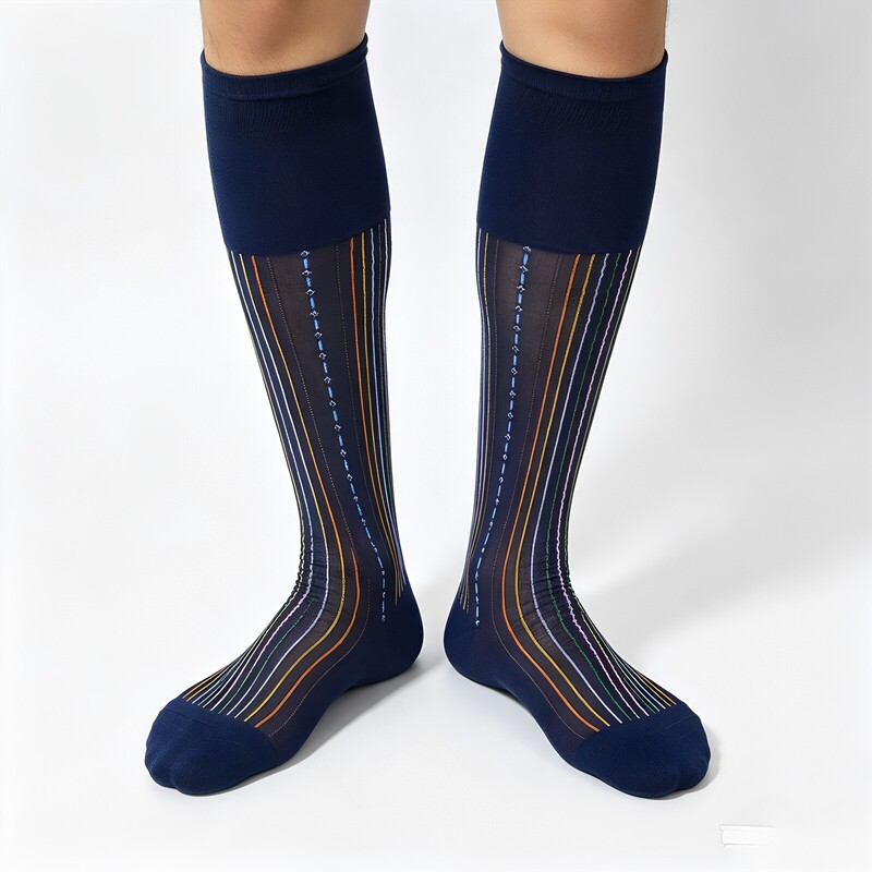 Colorful Striped Long Stockings for Men, Formal Business Casual Gentleman Jacquard Striped Nylon Extra-Long Sexy Calf Socks Colorful Striped Long Stockings for Men, Formal Business Casual Gentleman Jacquard Striped Nylon Extra-Long Sexy Calf Socks