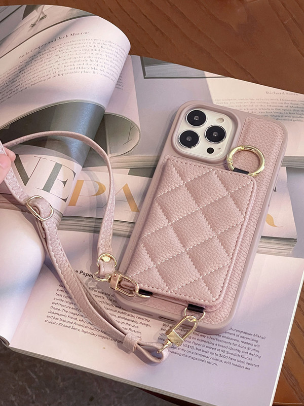 Suitable for iPhone 16 Phone Cases, Niche High-End Style, Elegant Black Apple 15 Phone Case with Crossbody Strap, Lanyard, Anti-Drop, 17Promax Card Holder, Crossbody 14Plus Simple 13 Solid Color Card Holder for Women