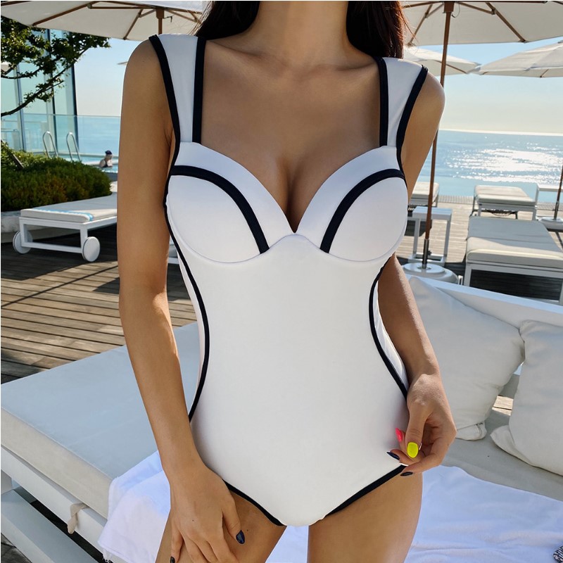Korean ins net red white one-piece swimsuit female small breasts sexy fashion big breasts steel plate cover belly slimming hot springs