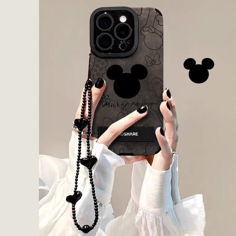 Suitable for Apple 16 Pro Max Phone Case, New Suede Leather iPhone 15 Pro Mickey Minnie 14 Plus Full Protection Anti-Drop 13 Cute High-End Feel 12 with Bracelet Stand Trendy Personalized