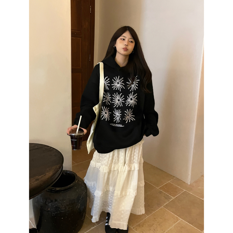 Simaotuo Autumn and Winter New Korean Style Sunflower Print 900g Loose and Lazy Retro Heavyweight Hooded Sweatshirt