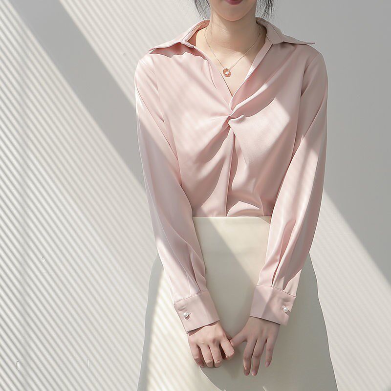 Dituton pink drape shirt women's design sense niche light familiar small Hong Kong style satin ins style top