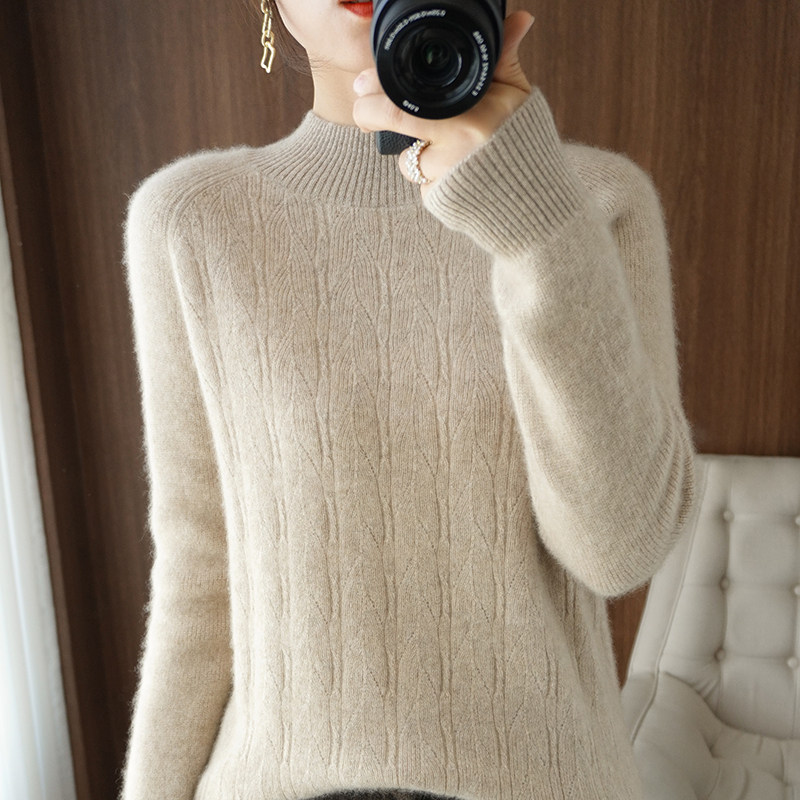 Diitududun autumn and winter style half height collar 100% sheep sweater women's covered head pure color sweater retro jacquard underhand jersey