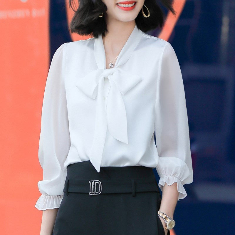 Dittutown Snow Spinning Summer 2021 New Temperament Blouse Women's High-end Shirt Design Sensation Small Crowdbow Tie Career