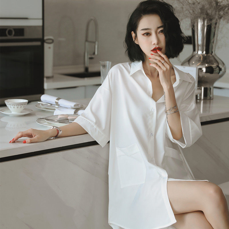 Loose Boyfriend Wind White Shirt Dress Lady Summer New sexy extras in sunscreen for long section of ice silk lining pyjamas-Taobao