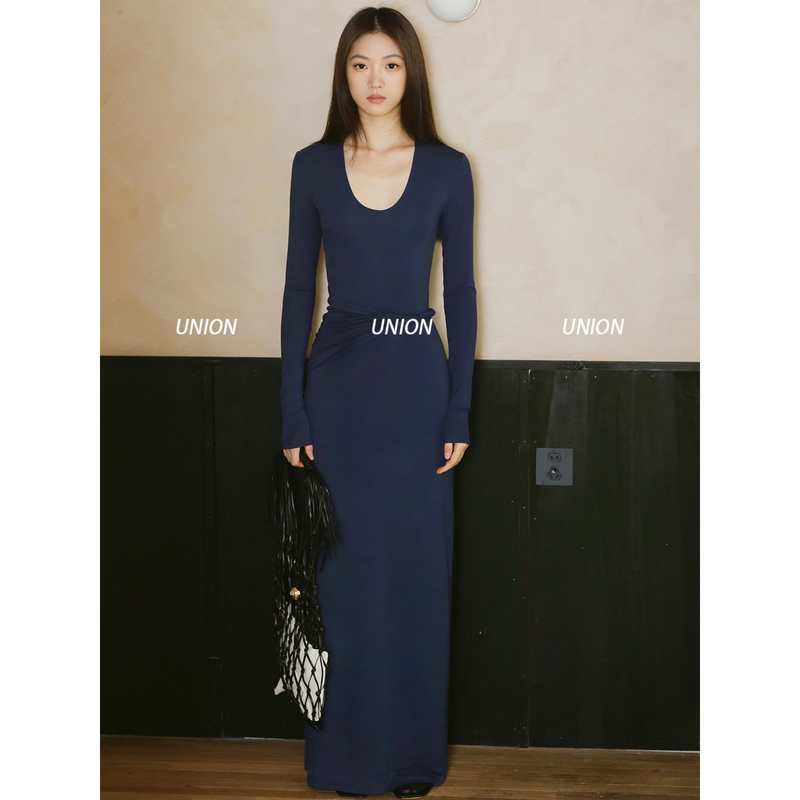 Union Officially Authorized Thug Rose 25 Spring/Summer Midnight Blue Deep U-Neck Waist-Tie Twist Slim Long Dress Union Officially Authorized Thug Rose 25 Spring/Summer Midnight Blue Deep U-Neck Waist-Tie Twist Slim Long Dress