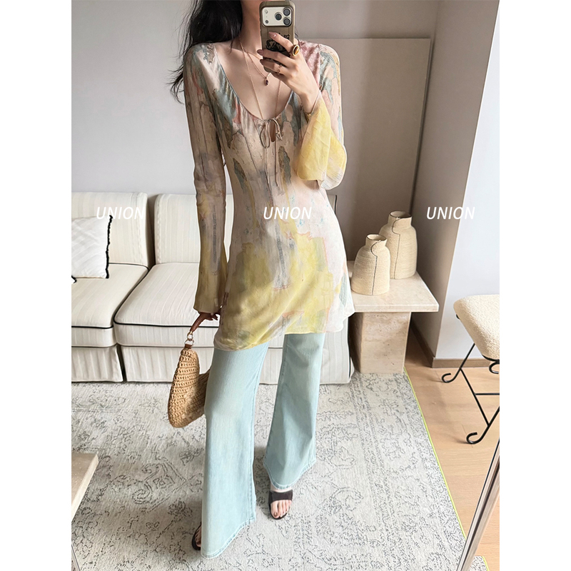 Union Officially Authorized if by Land 26 Spring/Summer Chiffon Wall Print Bell Sleeve Dress