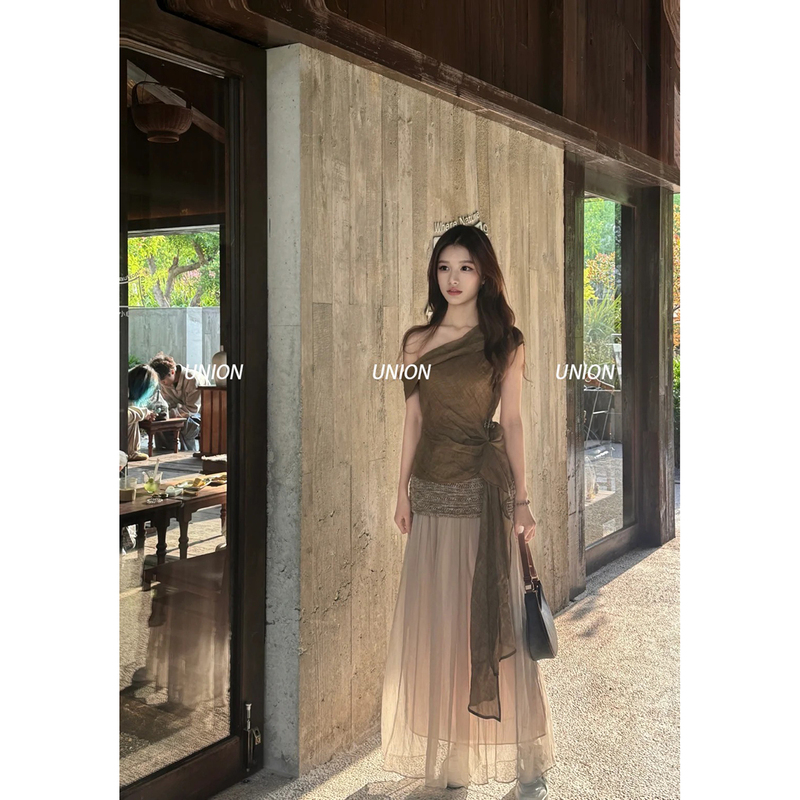 Union Officially Authorized Cello Sonata 25 Spring/Summer Ramie Off-Shoulder Ribbon Top + Patchwork Skirt