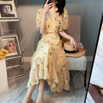 French retro puff sleeve heavy industry embroidery floral dress female celebrity temperament high-end chic design skirt