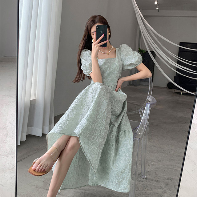 French tea break jacquard square collar puff sleeve dress women 2022 new summer high-end temperament goddess fan skirt