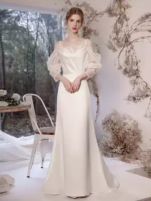 Autumn simple light wedding dress 2021 new little bride trapery satin go out gauze white long sleeve dress women