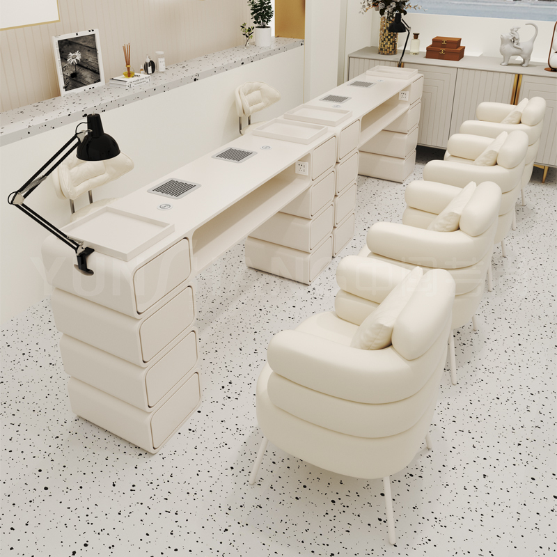 Zhongmin Yunshang Cream Style Manicure Table and Chair Set with Built-In New Vacuum Cleaner with Built-In Socket Wireless Charging and Clip-On Lamp Zhongmin Yunshang Cream Style Manicure Table and Chair Set with Built-In New Vacuum Cleaner with Built-In Socket Wireless Charging and Clip-On Lamp
