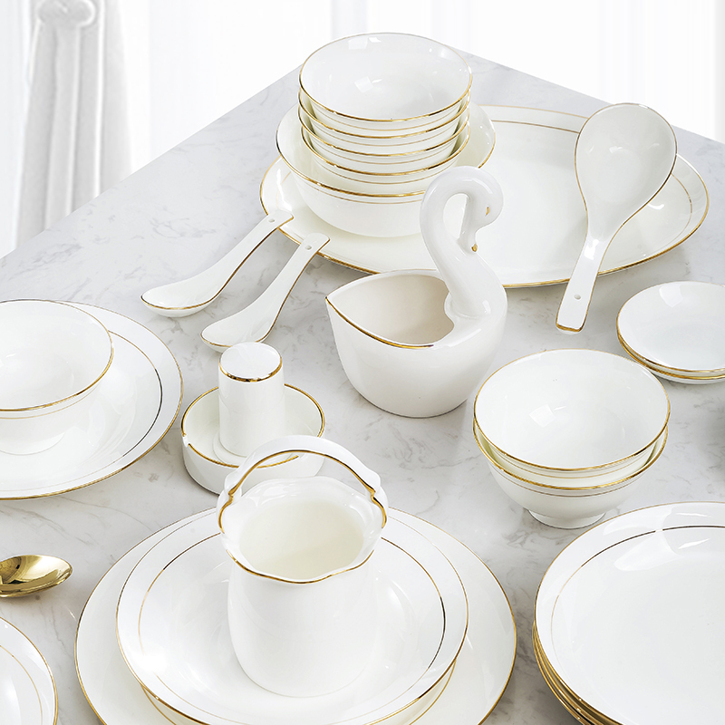 Bowl and Plate Set, Household Bone China Tableware, Creative and Simple Gold-Rimmed Light Luxury Bowl and Plate Combination, Jingdezhen European-Style Ceramics