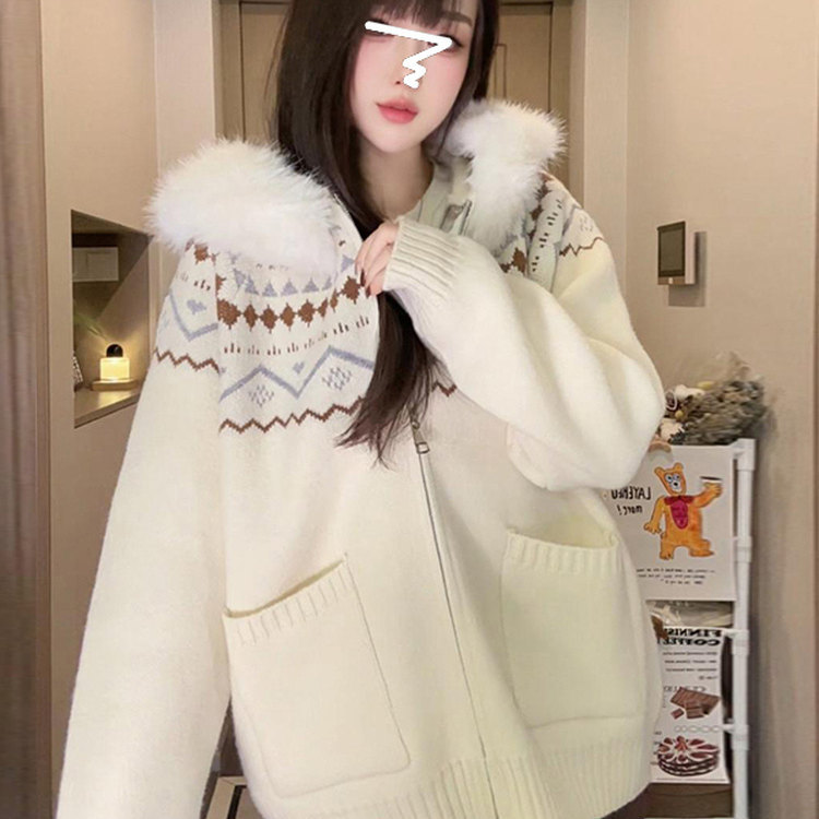 Fair Isle Hooded Knit Cardigan for Women, Autumn and Winter Korean Style, Warm and High-End, Lazy Knit Sweater Jacket