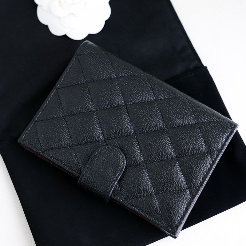 25P Small Chanel-Style Quilted Wallet for Women, Black Caviar Leather Flip Cover Bifold Passport Holder Card Wallet 25P Small Chanel-Style Quilted Wallet for Women, Black Caviar Leather Flip Cover Bifold Passport Holder Card Wallet