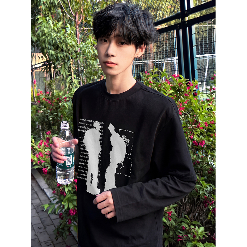 Heavyweight Pure Cotton American-Style Straight-Shoulder Long-Sleeve T-Shirt for Men, Early Autumn Trendy Brand, Black Base Layer Top for Teenagers Heavyweight Pure Cotton American-Style Straight-Shoulder Long-Sleeve T-Shirt for Men, Early Autumn Trendy Brand, Black Base Layer Top for Teenagers