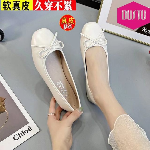 Genuine leather square toe shallow bow flat shoes for women 2024 new women's shoes soft leather retro sheepskin beanie shoes