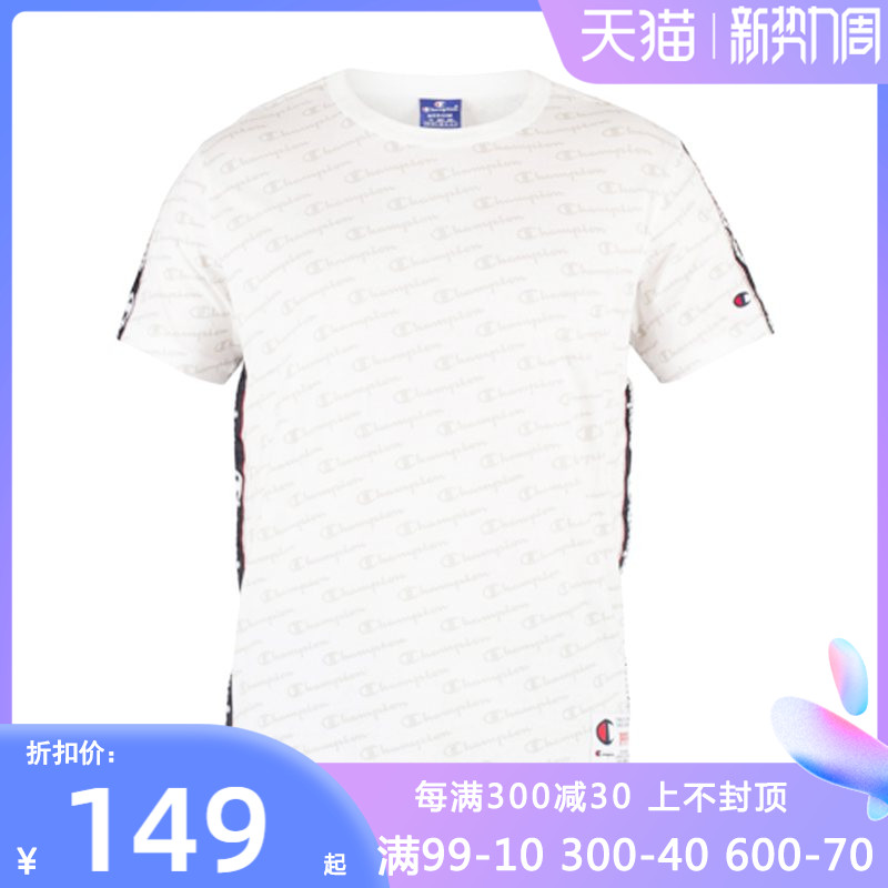 Champion Champion Men's White Pure Cotton Round Collar Printed Loose Short Sleeve Sports T-shirt 212807 YT