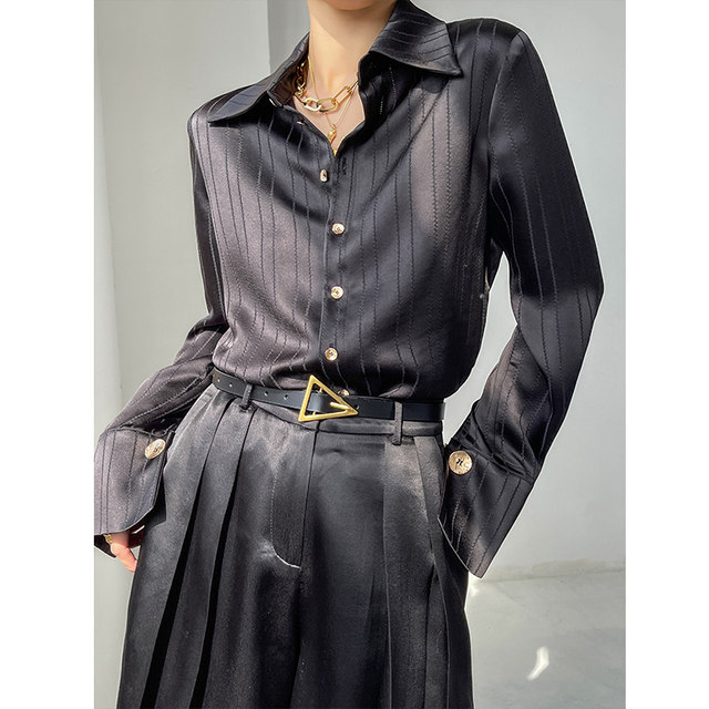 Counter spike big-name pick-up women's three-acetate satin shirt women's spring and autumn high-end professional long-sleeved striped shirt